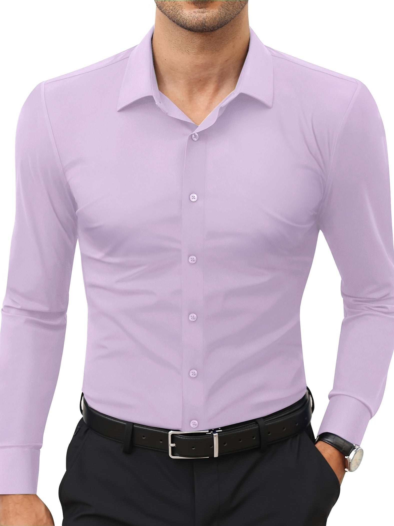 Lila Herrenhemd, langarm, Knopfleiste, klassischer Kragen, Business-Look, Baumwolle.
