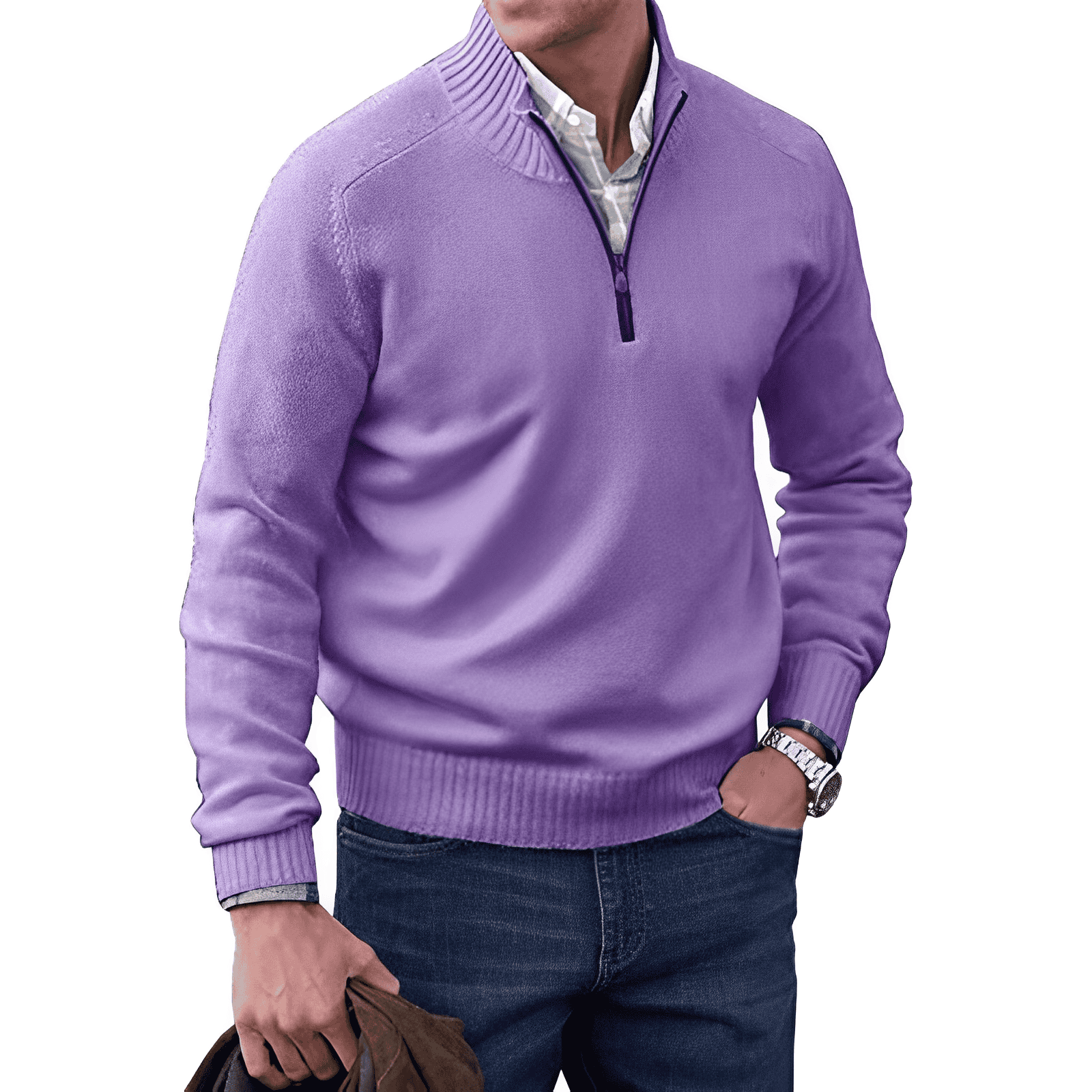 Mann in lila Pullover mit Reißverschluss, Hemd, Jeans; modische Herrenbekleidung, Freizeitlook.