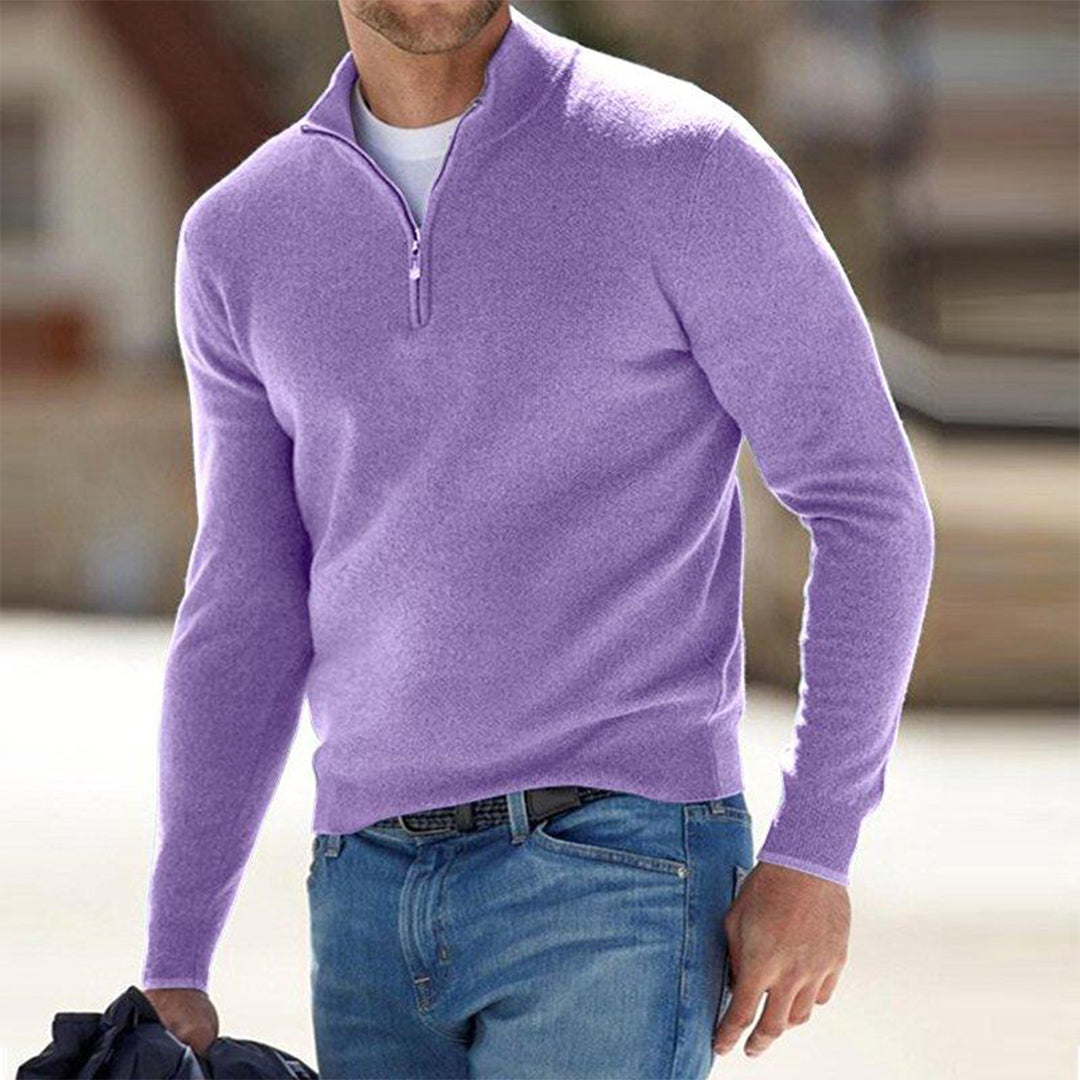 Lila Herrenpullover mit Reißverschluss, Langarm, Baumwolle, Freizeitmode, Winterkleidung.