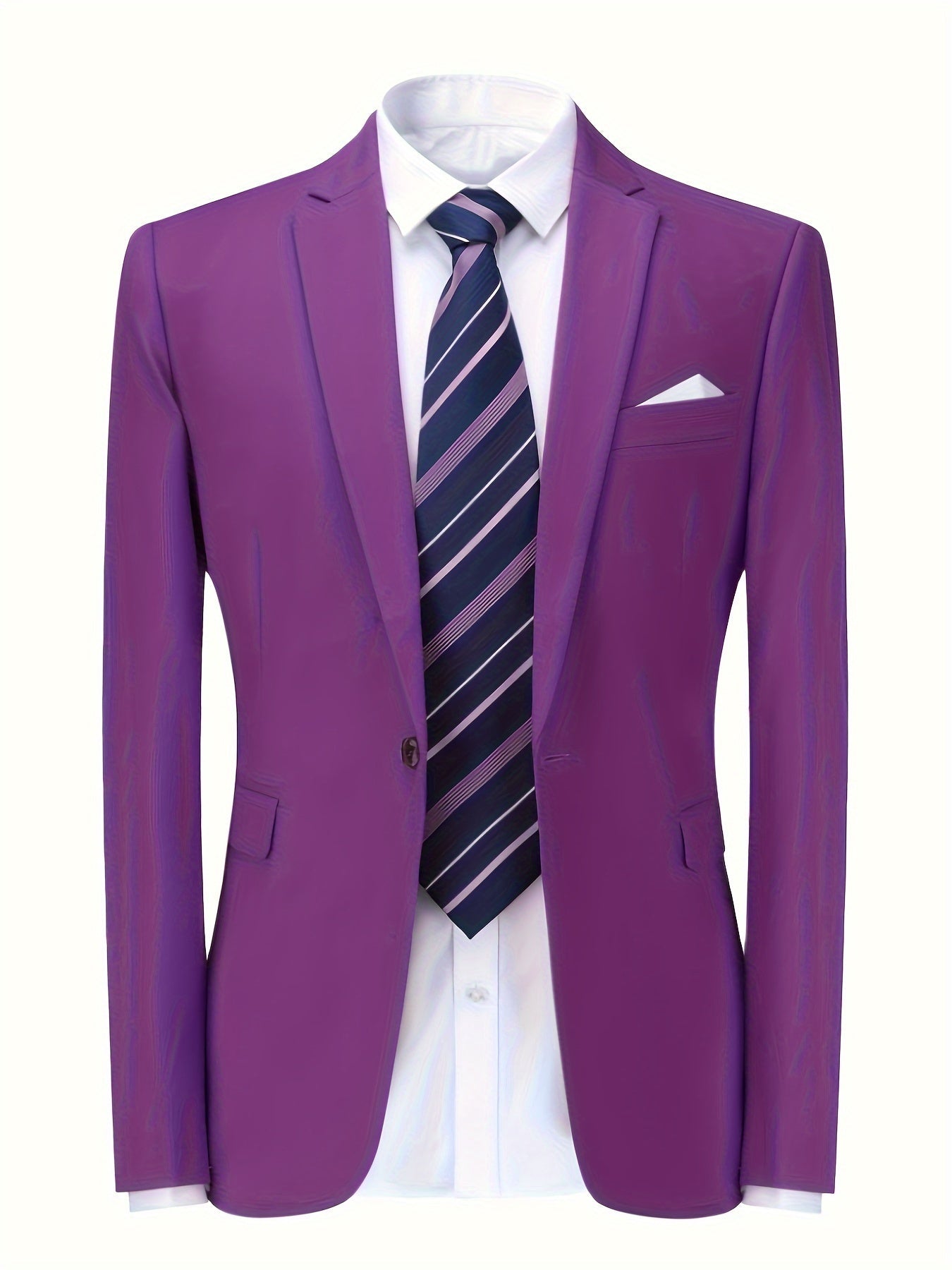 Lila Herrenanzug mit gestreifter Krawatte und weißem Hemd, elegantes Business-Outfit.