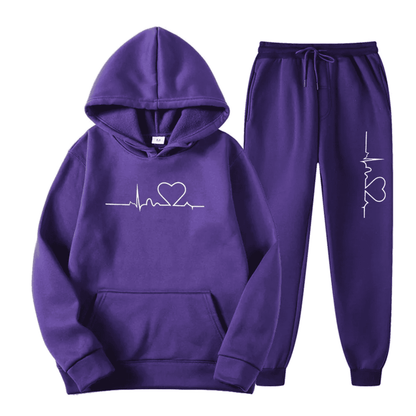 Lila Kapuzenpullover und Jogginghose Set mit Herz-EKG-Design, Baumwolle, Unisex, Freizeitkleidung.