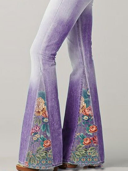 Lila Schlaghose mit Blumenstickerei, Damenmode, Vintage-Stil, Boho-Chic, Baumwollstoff