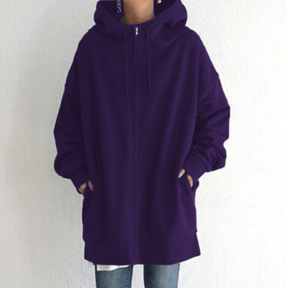 Lila Kapuzenpullover Damen, Reißverschluss, lässig, Baumwolle, modisch, bequem, Herbstmode.