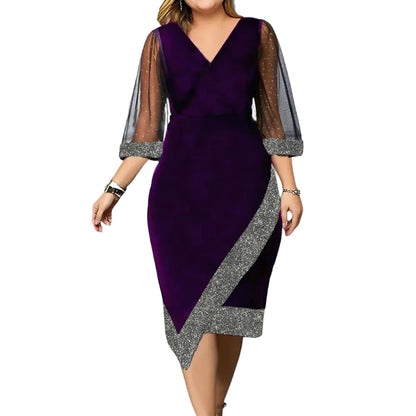 Lila Abendkleid mit transparenten Ärmeln und silbernen Akzenten, elegantes Design.