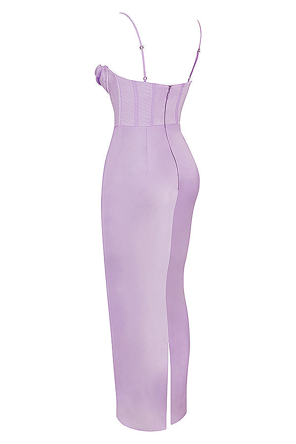 Lila Satin-Kleid mit Korsett, Spaghettiträger, figurbetont, elegantes Abendmode-Design