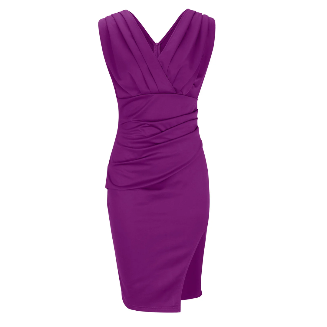 Lila Cocktailkleid ärmellos, elegantes Design, knielang, für Damen, Abendmode.