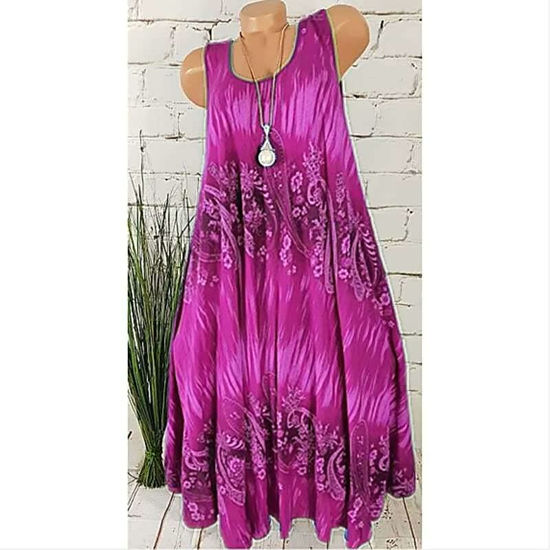 Lila ärmelloses Maxikleid mit Paisley-Muster, Damenmode, Sommerkleidung, Boho-Stil.