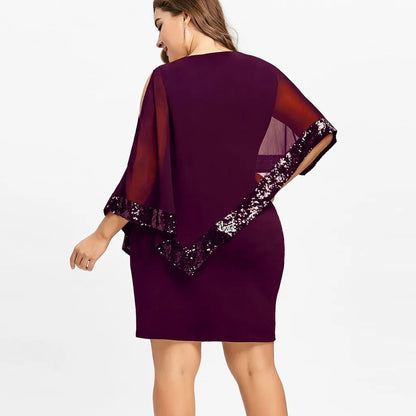 Damenkleid lila mit Pailletten, Cape-Ärmel, knielang, elegantes Abendkleid, Plus Size.