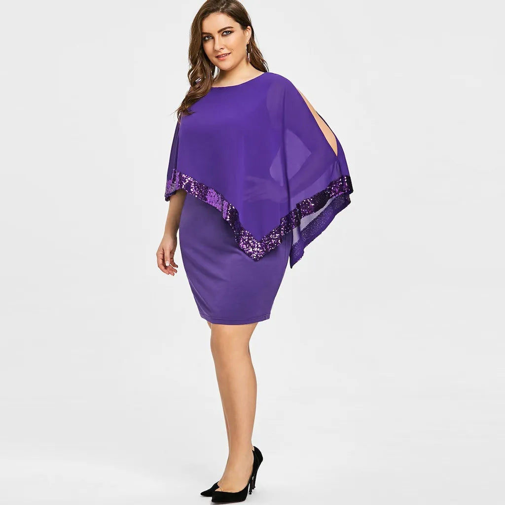 Frau in lila Paillettenkleid, elegantes Abendkleid, Plus-Size-Mode, festliche Damenbekleidung.