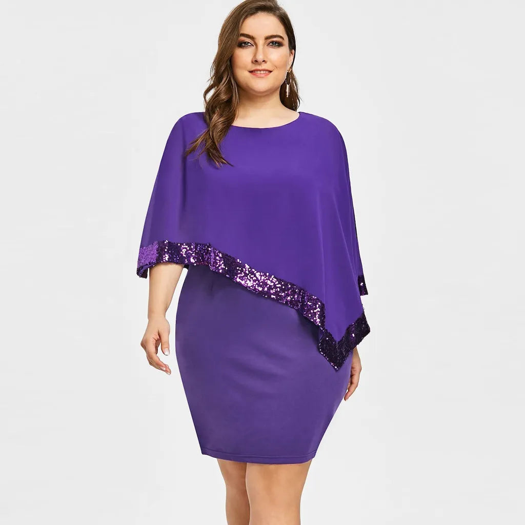 Frau in lila Paillettenkleid, knielang, elegantes Design, Plus-Size-Mode, Abendkleidung.