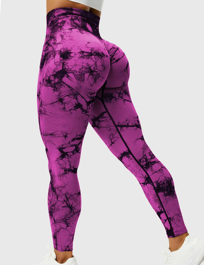 Lila-Pink Damen Leggings, Batikmuster, hohe Taille, Sportbekleidung, elastisch, bequem.