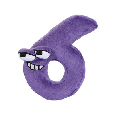 Lila Plüschspielzeug in Form der Zahl 6 mit Gesicht, Alphabet Lore Design.