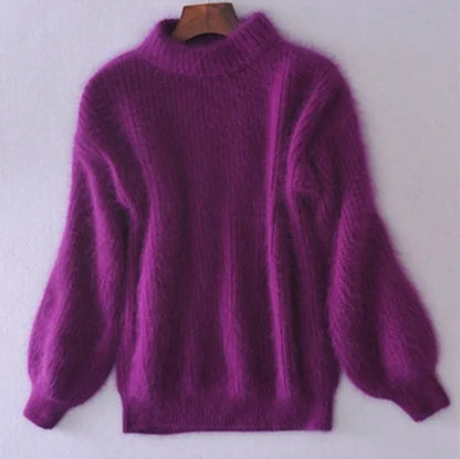 Lila Damenpullover aus Mohair, langärmelig, Rollkragen, weiches Strickmaterial, modisch.