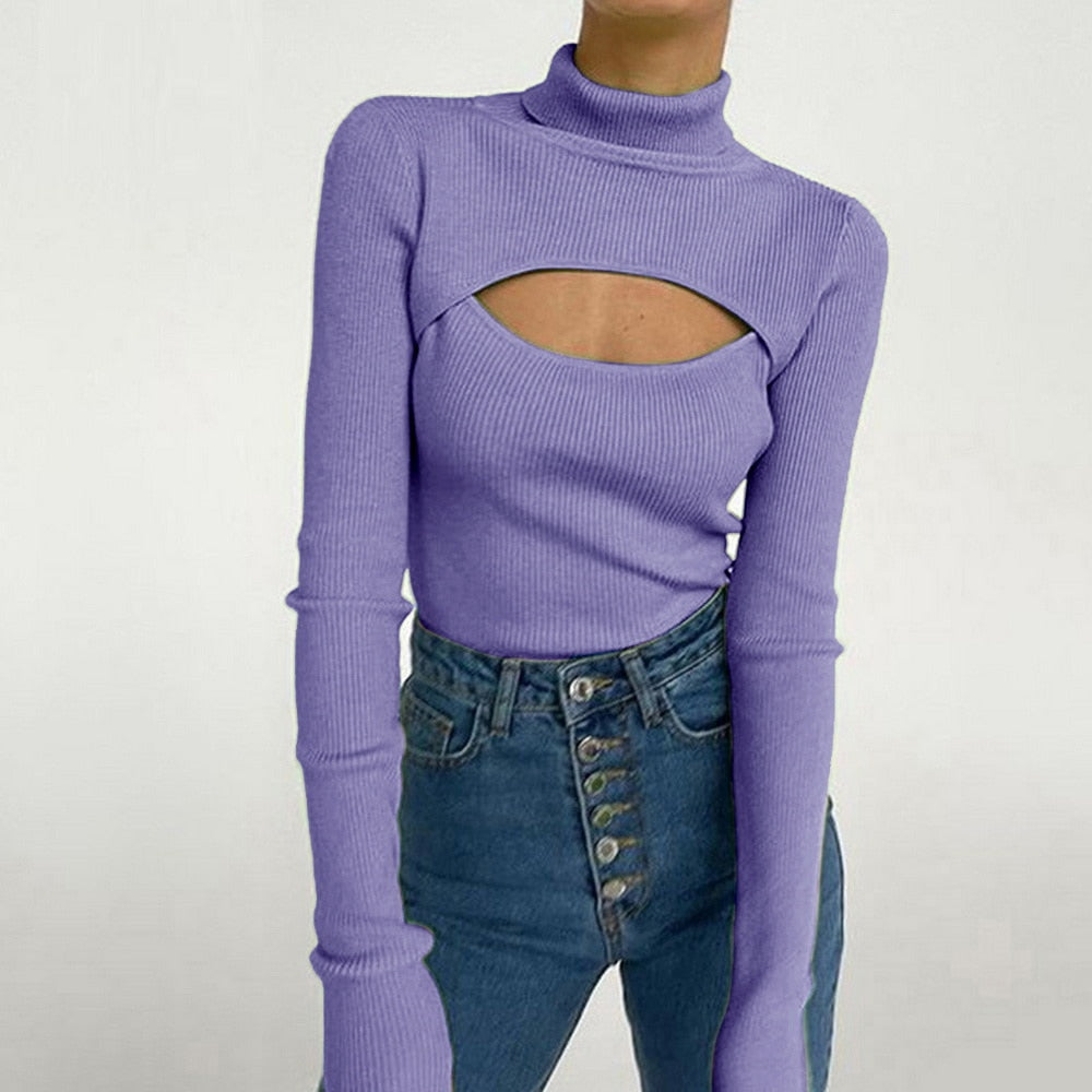 Lila Rollkragenpullover Damen, Cut-Out-Design, langärmelig, modisch, Herbstmode.