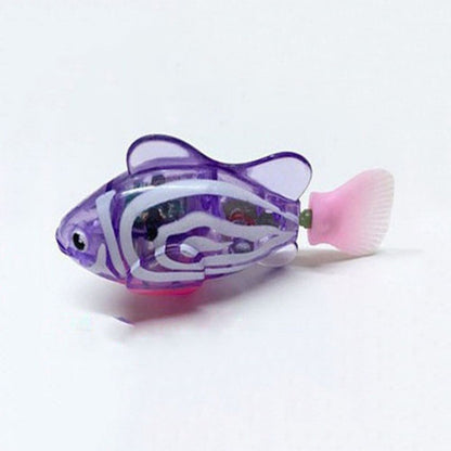 Lila Roboterfisch Spielzeug, transparent, mit rosa Flosse, batteriebetrieben, für Kinder.