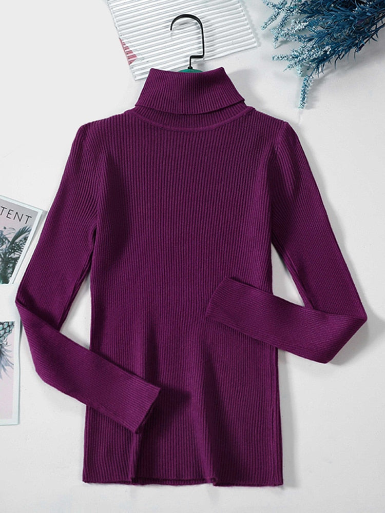 Lila Rollkragenpullover Damen, gerippt, langärmelig, modisch, Herbstmode.