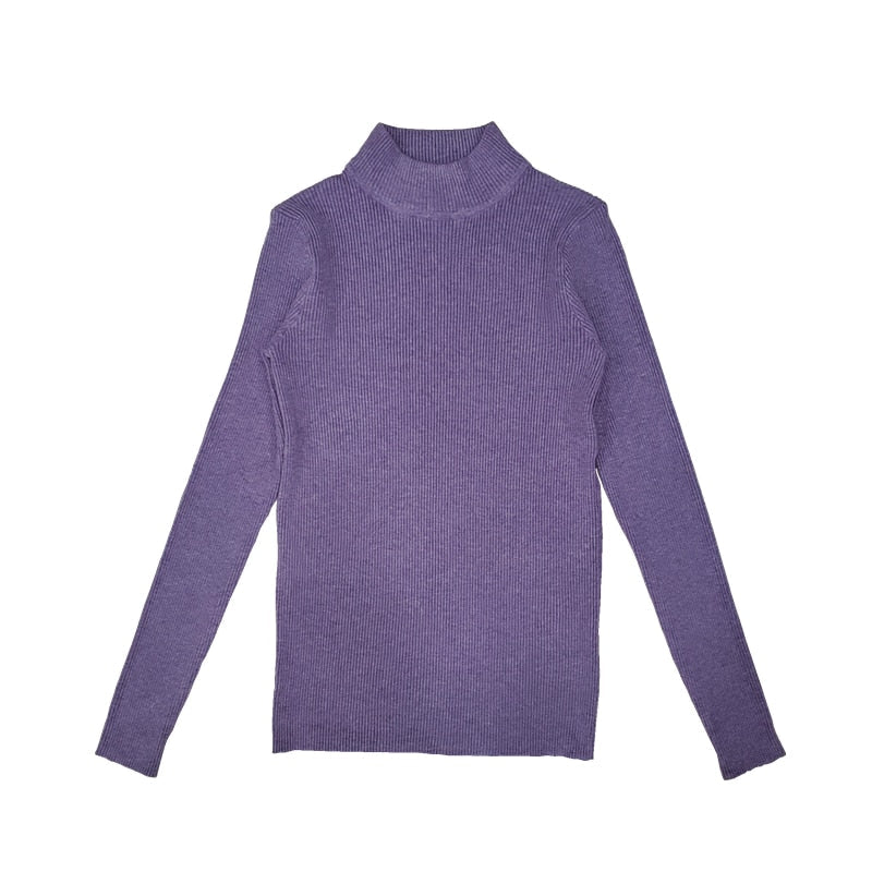 Lila Rollkragenpullover Damen, langärmelig, Strick, modisch, bequem, Herbstmode.