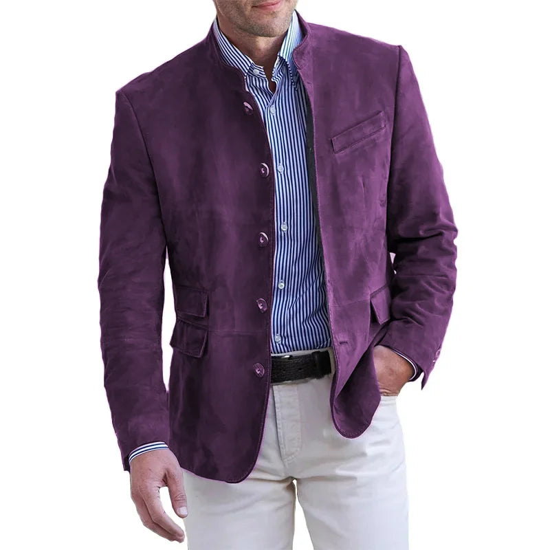 Lila Herrenjacke aus Wildleder, Stehkragen, modisch, elegant, Freizeitkleidung.