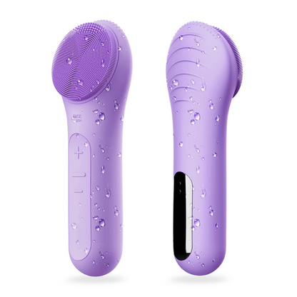 Lila Silikon-Gesichtsreinigungsbürste, wasserdicht, elektrisch, mit Massagefunktion.