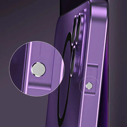 Lila Smartphone mit Kamera und seitlichem Knopf, modernes Design, Nahaufnahme.