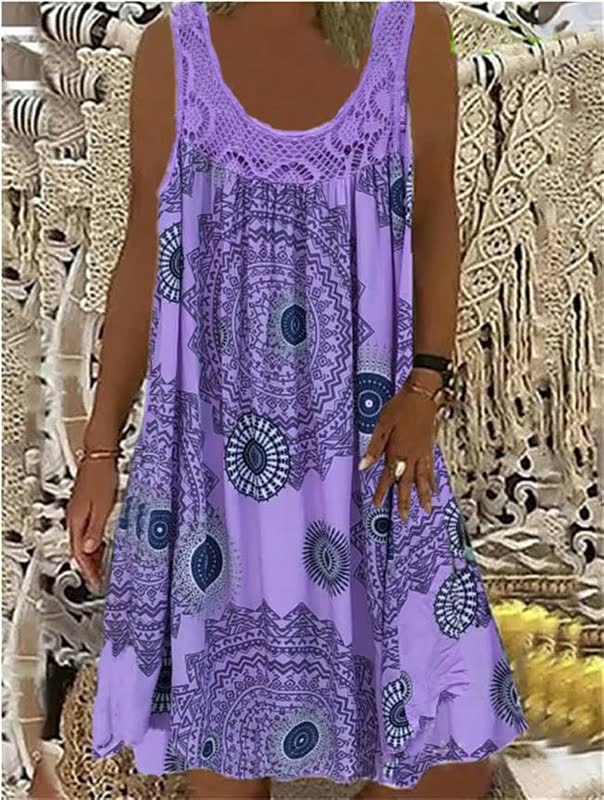 Lila Sommerkleid mit Mandala-Muster, ärmellos, Damenmode, Boho-Stil, Baumwolle.