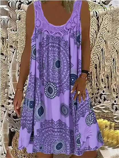 Lila Sommerkleid mit Mandala-Muster, ärmellos, Damenmode, Boho-Stil, Baumwolle.