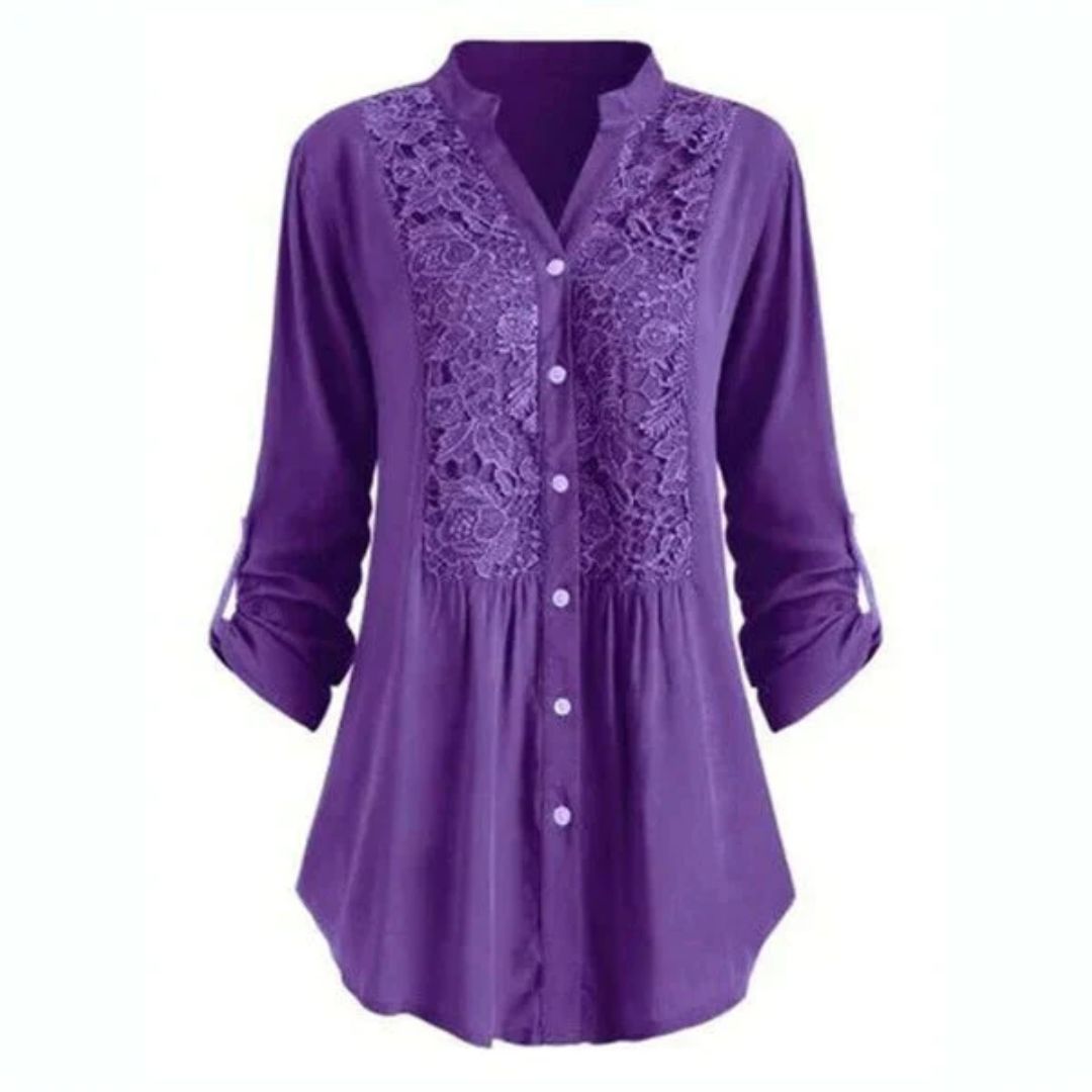Lila Damenbluse mit Spitzenmuster, Knopfleiste, 3/4-Ärmel, elegant, modisch, Freizeitkleidung.