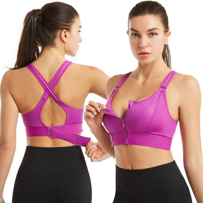 Fuchsia Sport-BH mit Reißverschluss, rückenfrei, Anti-Bounce, Damen-Fitnessbekleidung.