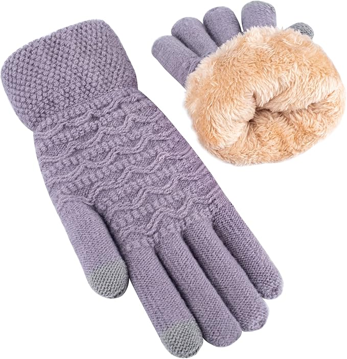 Lila Damenhandschuhe, gestrickt, mit Fleece-Futter, Winter, warm, Touchscreen-kompatibel.