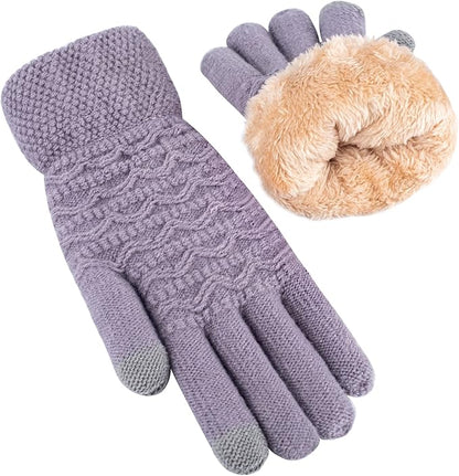 Lila Damenhandschuhe, gestrickt, mit Fleece-Futter, Winter, warm, Touchscreen-kompatibel.