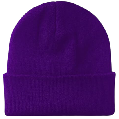 Lila Strickmütze aus Wolle, Unisex Wintermode, warme Beanie, modisches Accessoire.