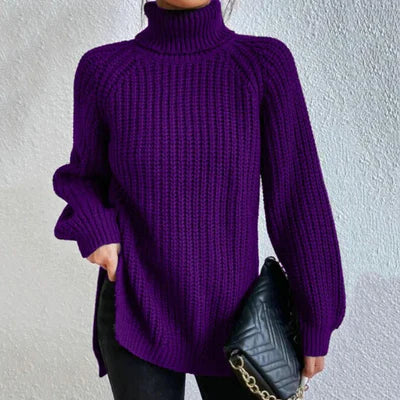 Lila Strickpullover Damen, Rollkragen, grob gestrickt, modisch, warm, Herbstmode, elegant.