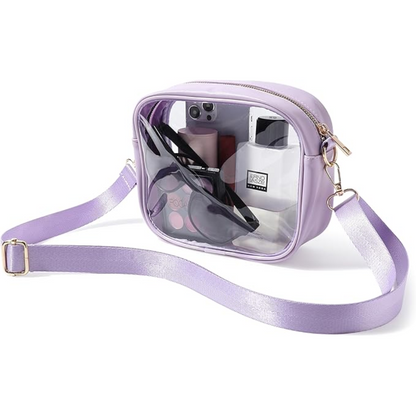 Lila transparente Umhängetasche, PVC, Kosmetikaufbewahrung, verstellbarer Riemen, modisch.