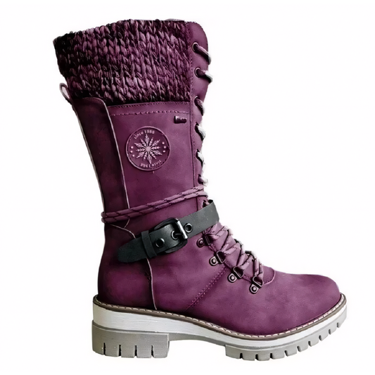 Lila Damenstiefel, Leder, gefüttert, Schnürung, Wintermode, robust, modisch, rutschfeste Sohle.