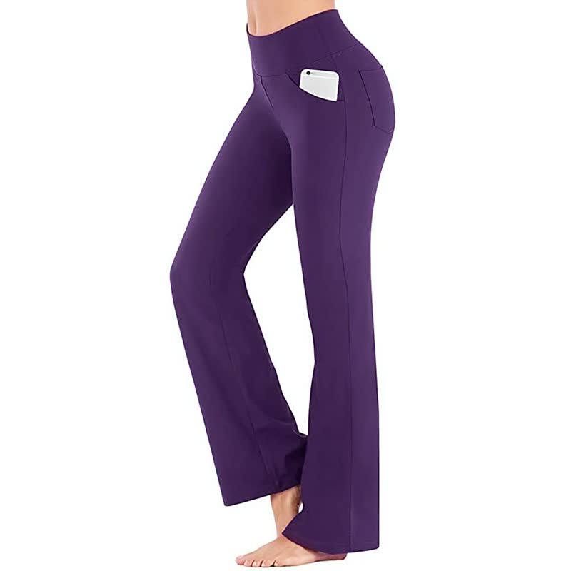 Lila Yogahose Damen mit hoher Taille und Tasche, bequemes Stretchmaterial.