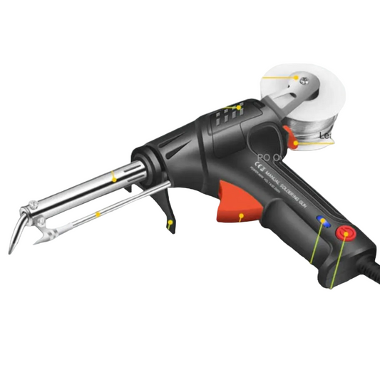 Pistolformat svetsverktyg i svart och orange med metallspets, matarrör och en trådrulle monterad ovanpå, sett snett framifrån. 1