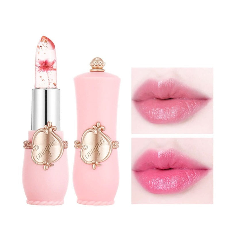 Rosa Lippenstift mit Blume, transparent, feuchtigkeitsspendend, vor und nach Anwendung.