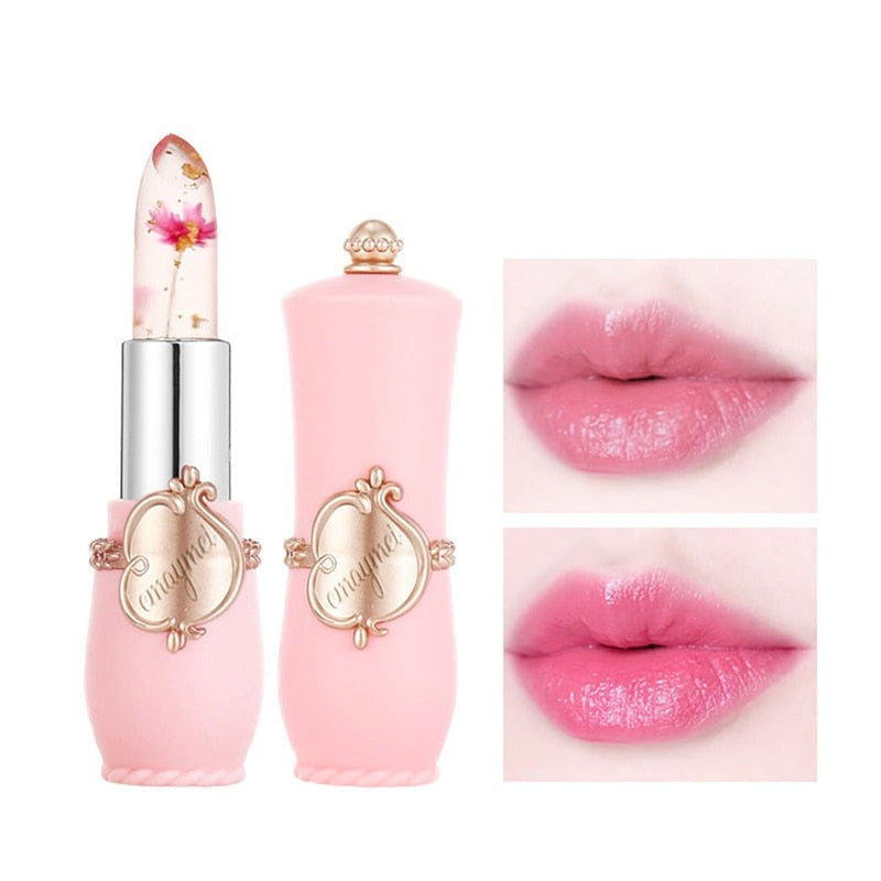 Rosa Lippenstift mit Blume, feuchtigkeitsspendend, elegantes Design, glänzende Lippenpflege.