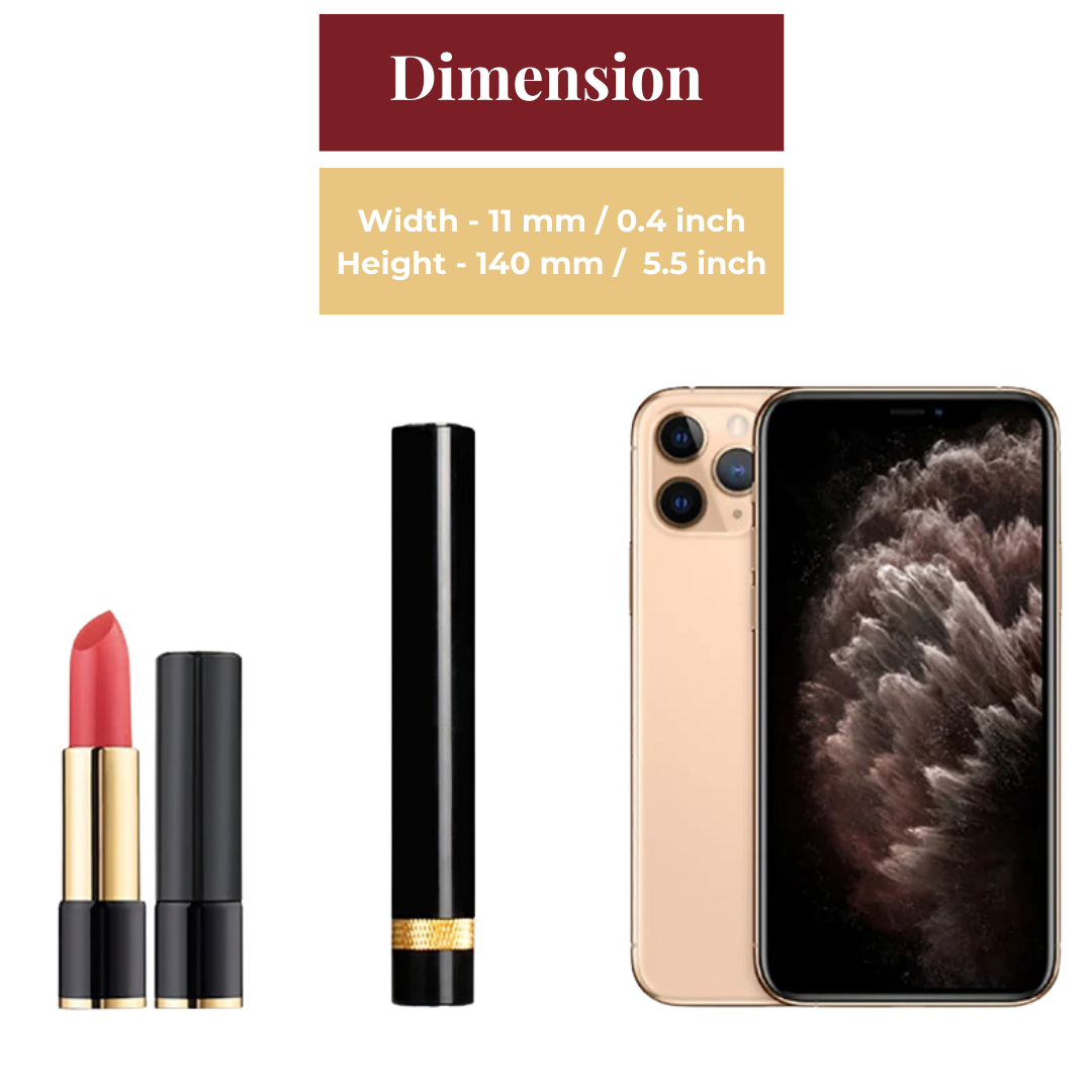 Roter Lippenstift und schwarzes Etui neben einem Smartphone, Größenvergleich.