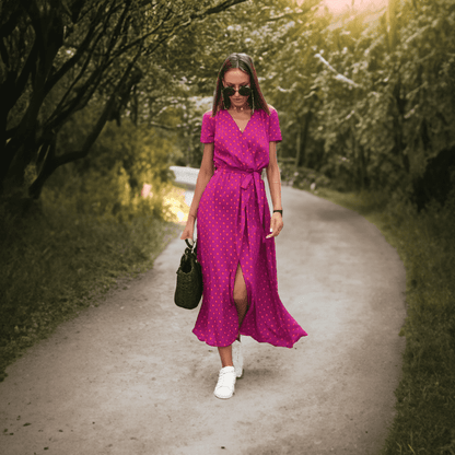 Frau in rotem Sommerkleid mit Punkten, trägt Sonnenbrille, spaziert auf Waldweg.