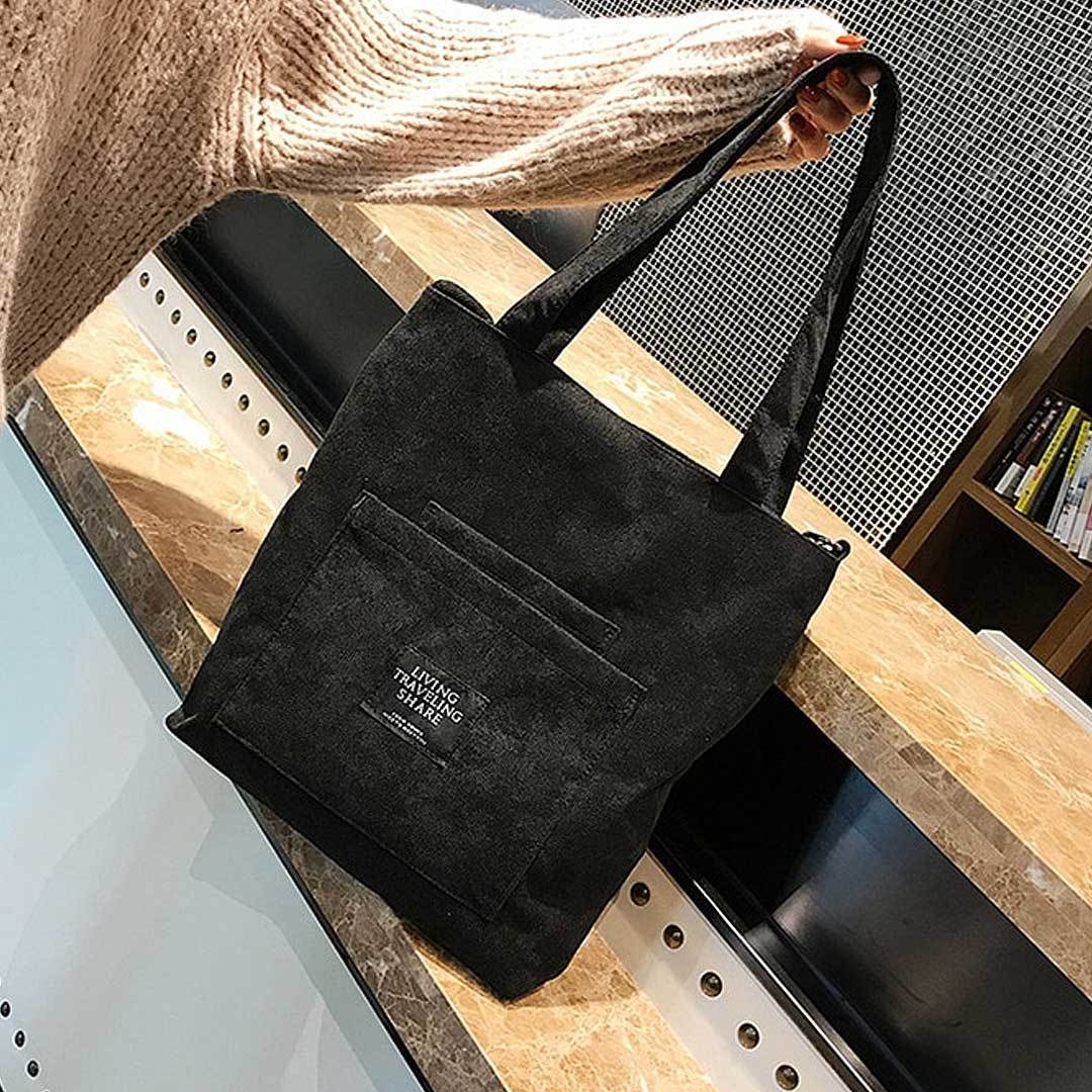 Schwarze Stofftasche mit Aufdruck, Damenhandtasche, modisch, robust, Alltag, Freizeit.
