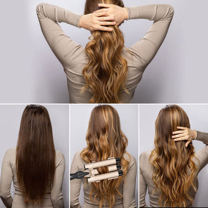 Frau mit langem, gewelltem Haar, Haarstyler, Lockenstab, Frisur, Haarpflege, Styling-Tool.