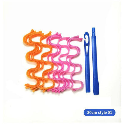 Lockenwickler Set, 30cm, orange und pink, mit blauem Styling-Werkzeug, Haarstyling-Zubehör.