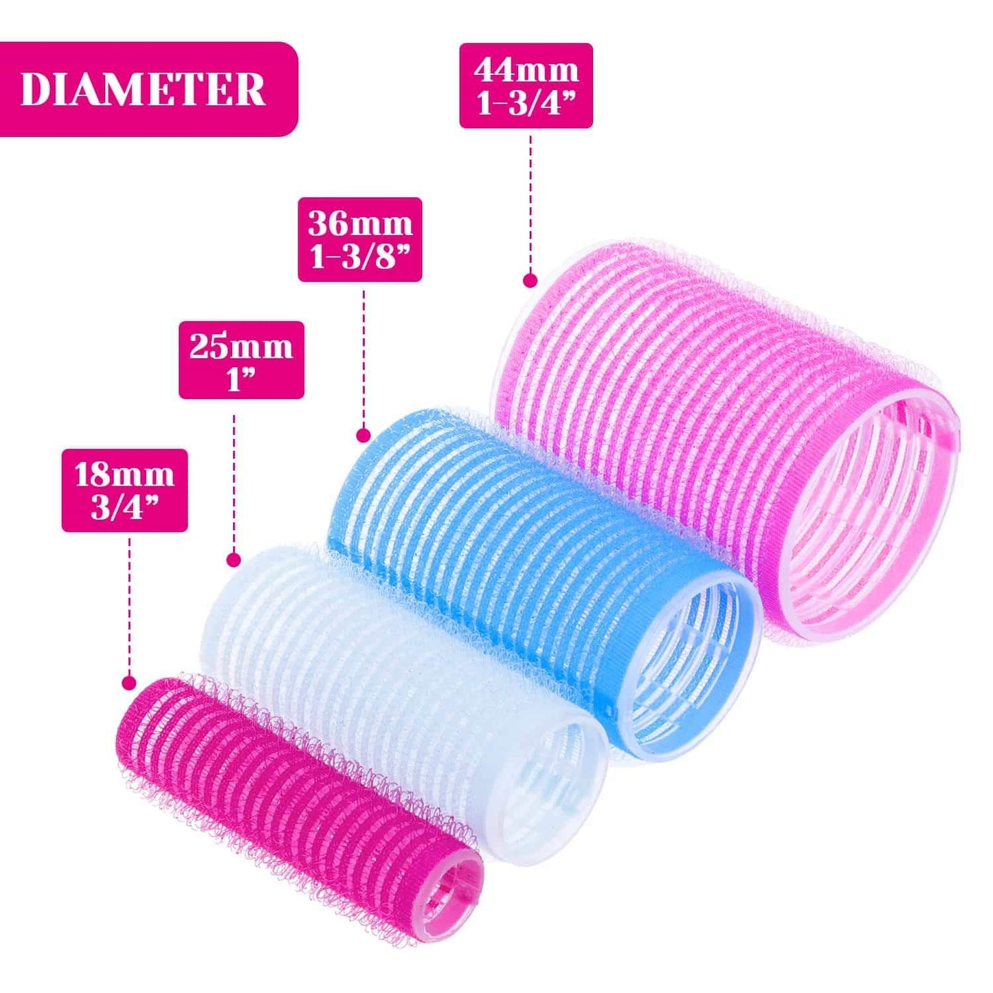Vier bunte Lockenwickler, Durchmesser: 18mm, 25mm, 36mm, 44mm, rosa und blau, Haarstyling-Set.