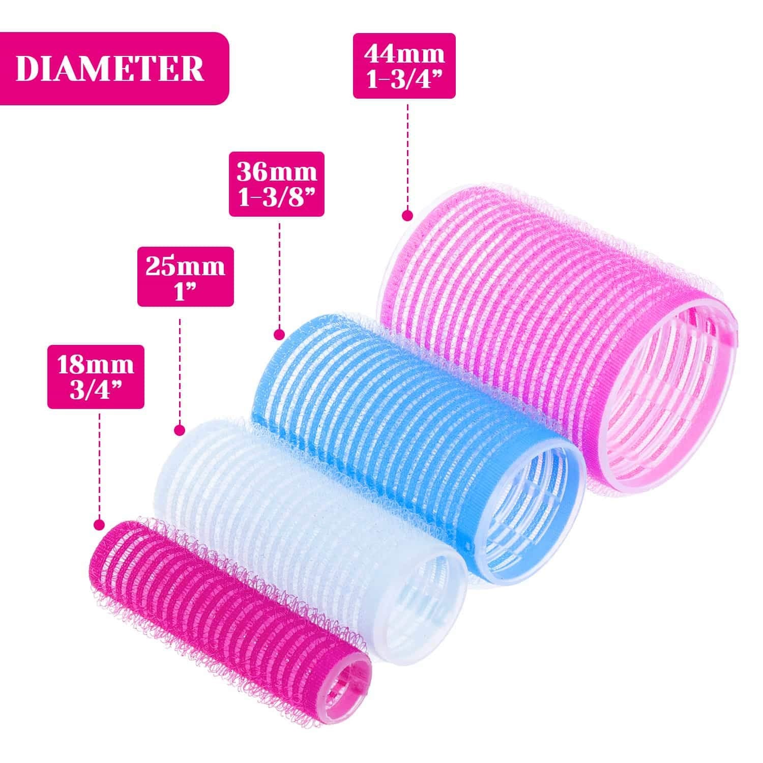 Vier bunte Lockenwickler, Durchmesser: 18mm, 25mm, 36mm, 44mm, rosa und blau, Haarstyling-Set.