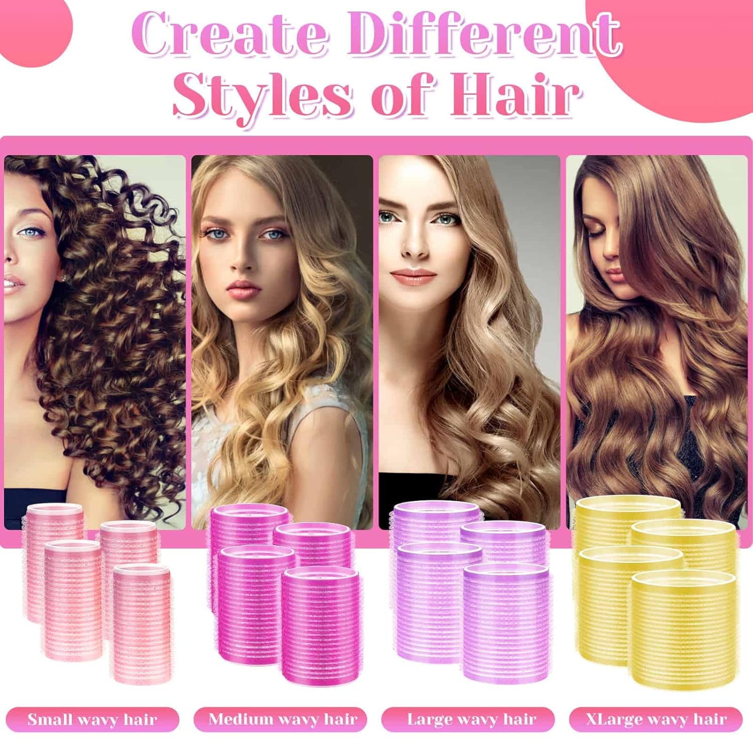 Lockenwickler Set für verschiedene Frisuren, rosa und gelb, für kleine bis extra große Locken.