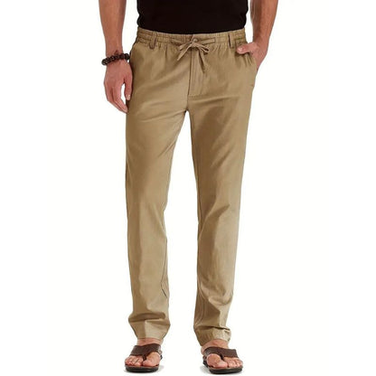 Beige Herren-Lose-Fit-Hose mit elastischem Bund, Kordelzug, Baumwolle, lässig, bequem.