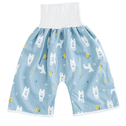 Blau-weiße Kinder-Trainingshose mit Bärenmuster, 2-in-1 Design, wiederverwendbar, Baumwolle.
