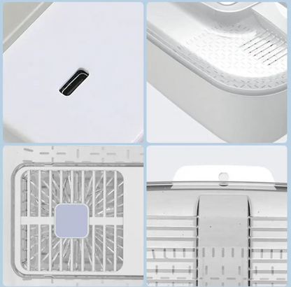 Weißer Luftreiniger mit USB-Anschluss, Kunststoffgehäuse, modernes Design, Nahaufnahme.