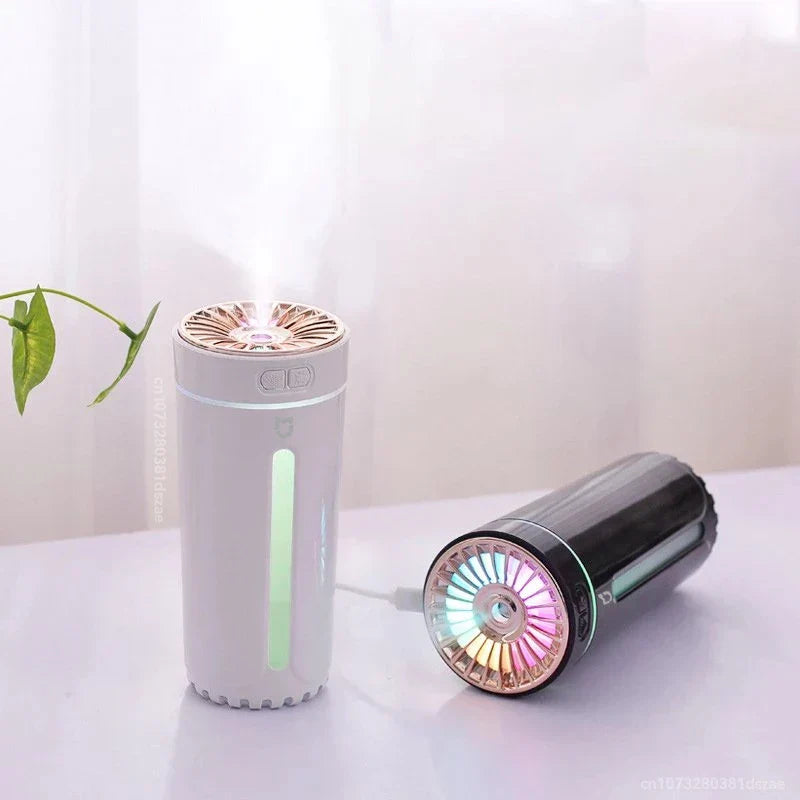 Zwei tragbare Luftbefeuchter, weiß und schwarz, mit LED-Licht und USB-Anschluss.